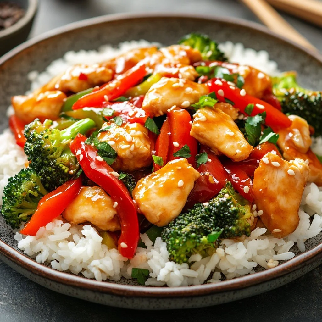 Delicious easy chicken stir fry with colourful vegetables in a wok