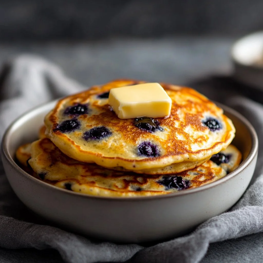 Fluffiest blueberry pancakes stacked on a plate with syrup and fresh berries