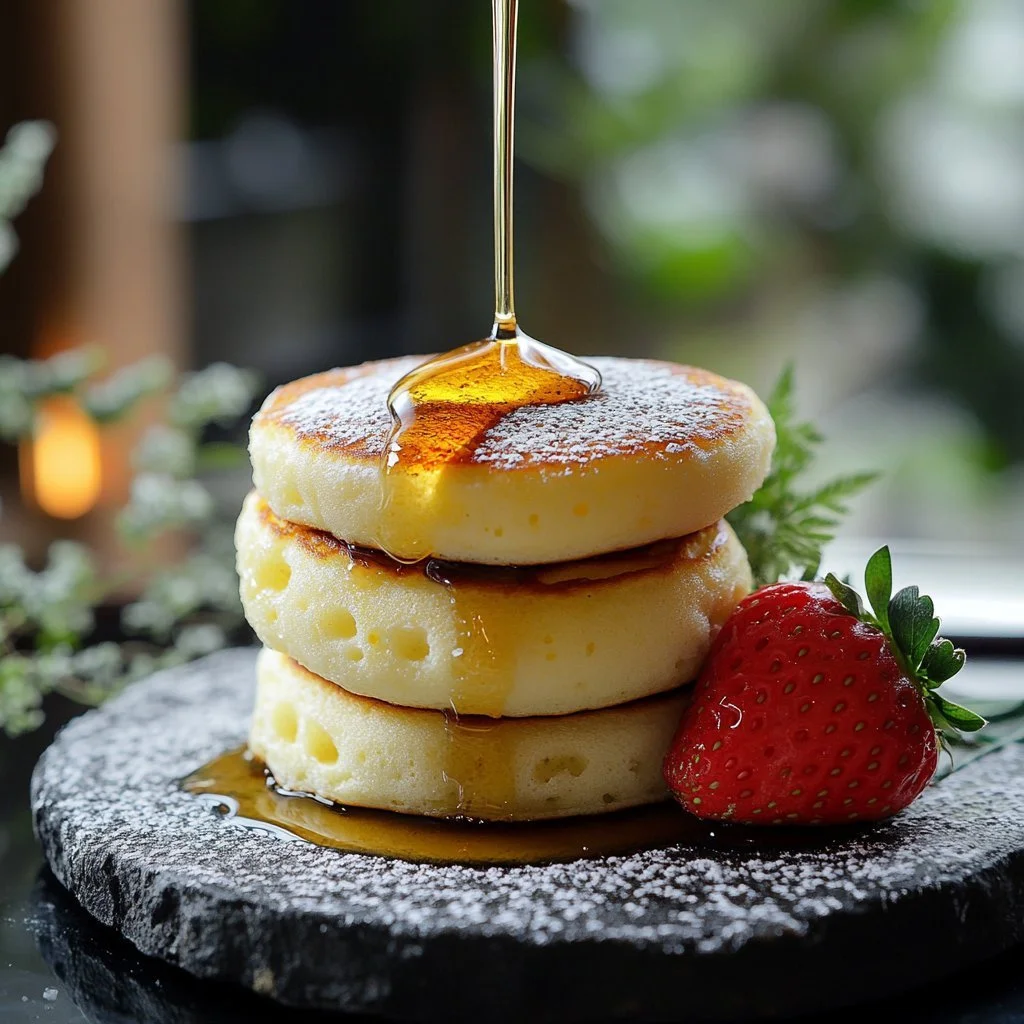 Fluffy Japanese soufflé pancakes served with syrup and fruit
