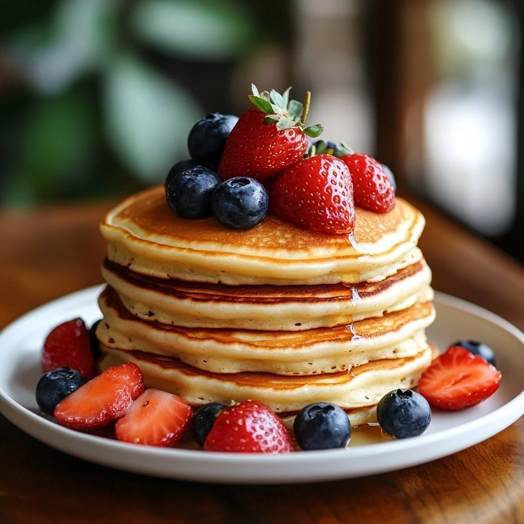 Delicious fluffy pancakes topped with syrup and berries