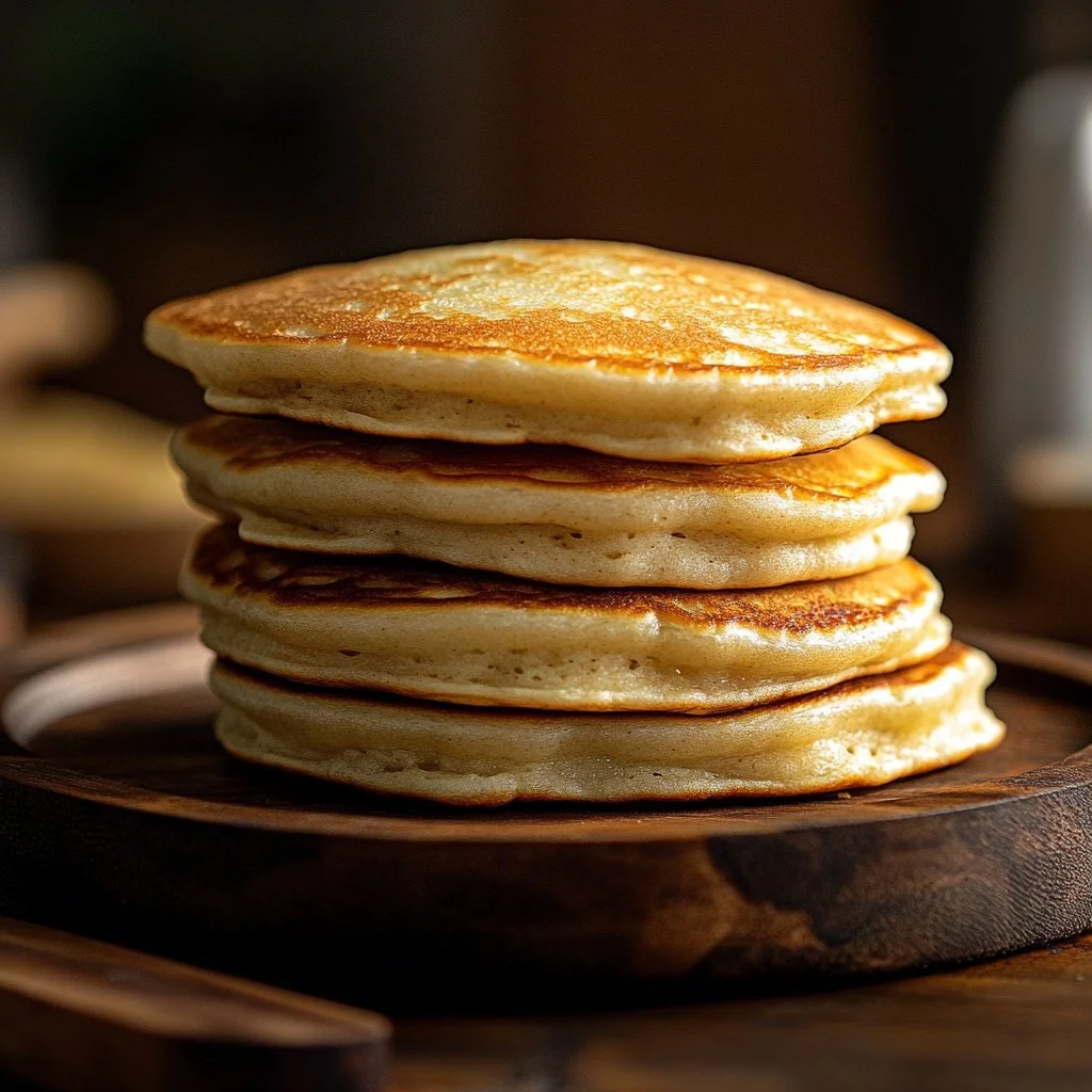 Fluffy sourdough discard pancakes stacked with syrup