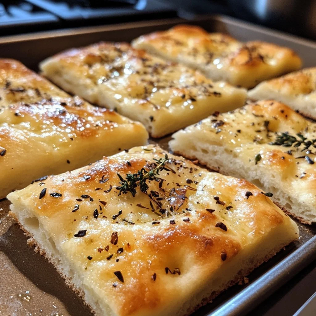 Delicious homemade focaccia bread topped with herbs and olive oil
