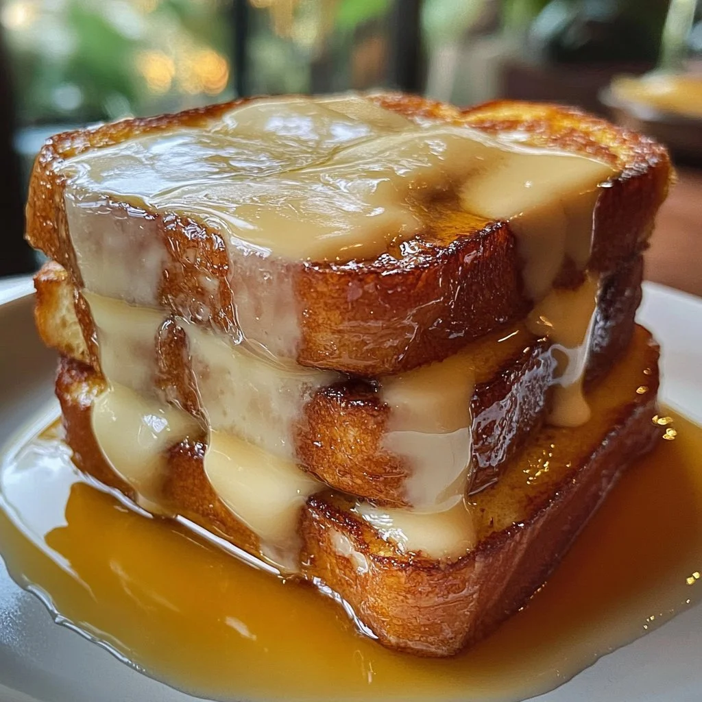 Delicious French toast topped with creamy cream cheese icing on a plate