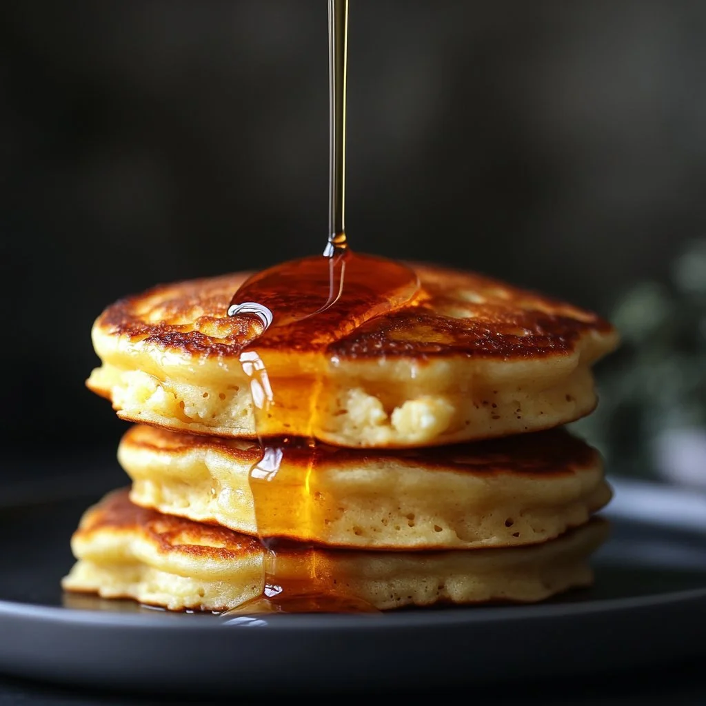 Gluten-free cottage cheese pancakes served with fresh fruit and syrup