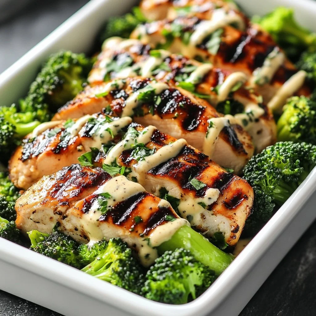 Grilled chicken and broccoli bowl topped with creamy garlic sauce