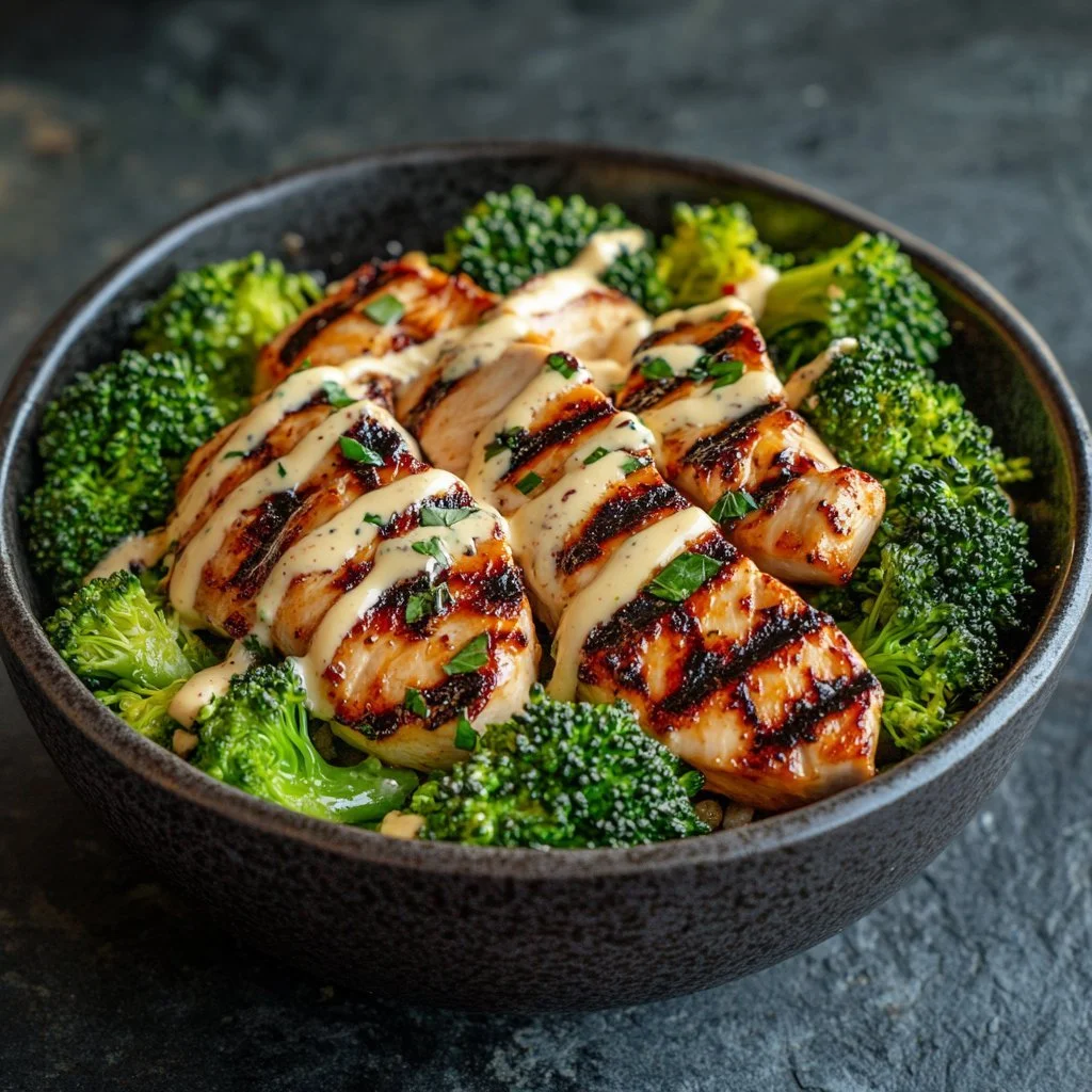 Grilled chicken and broccoli bowl topped with creamy garlic sauce