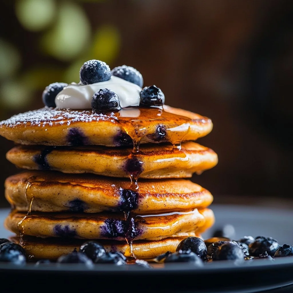 Healthy 5-ingredient blueberry pancakes stacked on a plate with fresh berries