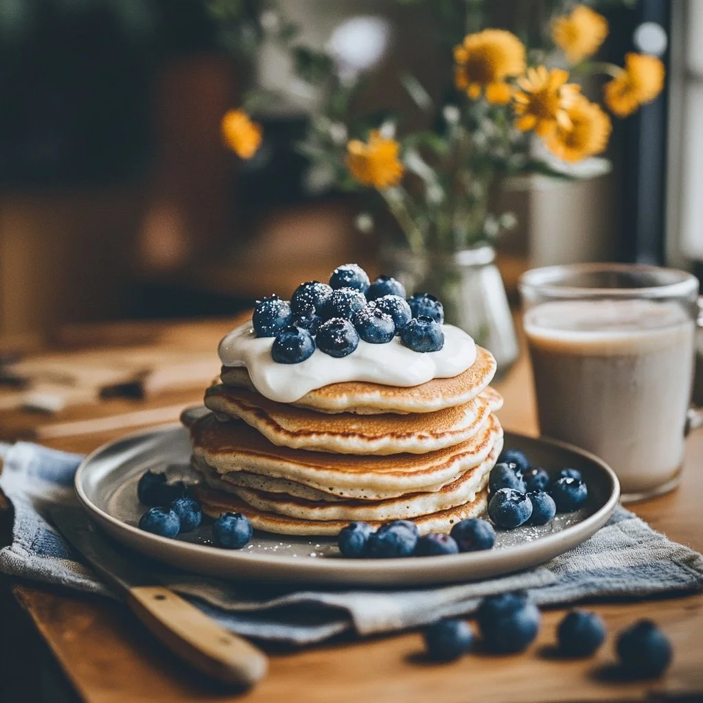 Fluffy healthy blueberry pancakes stacked on a plate with fresh blueberries