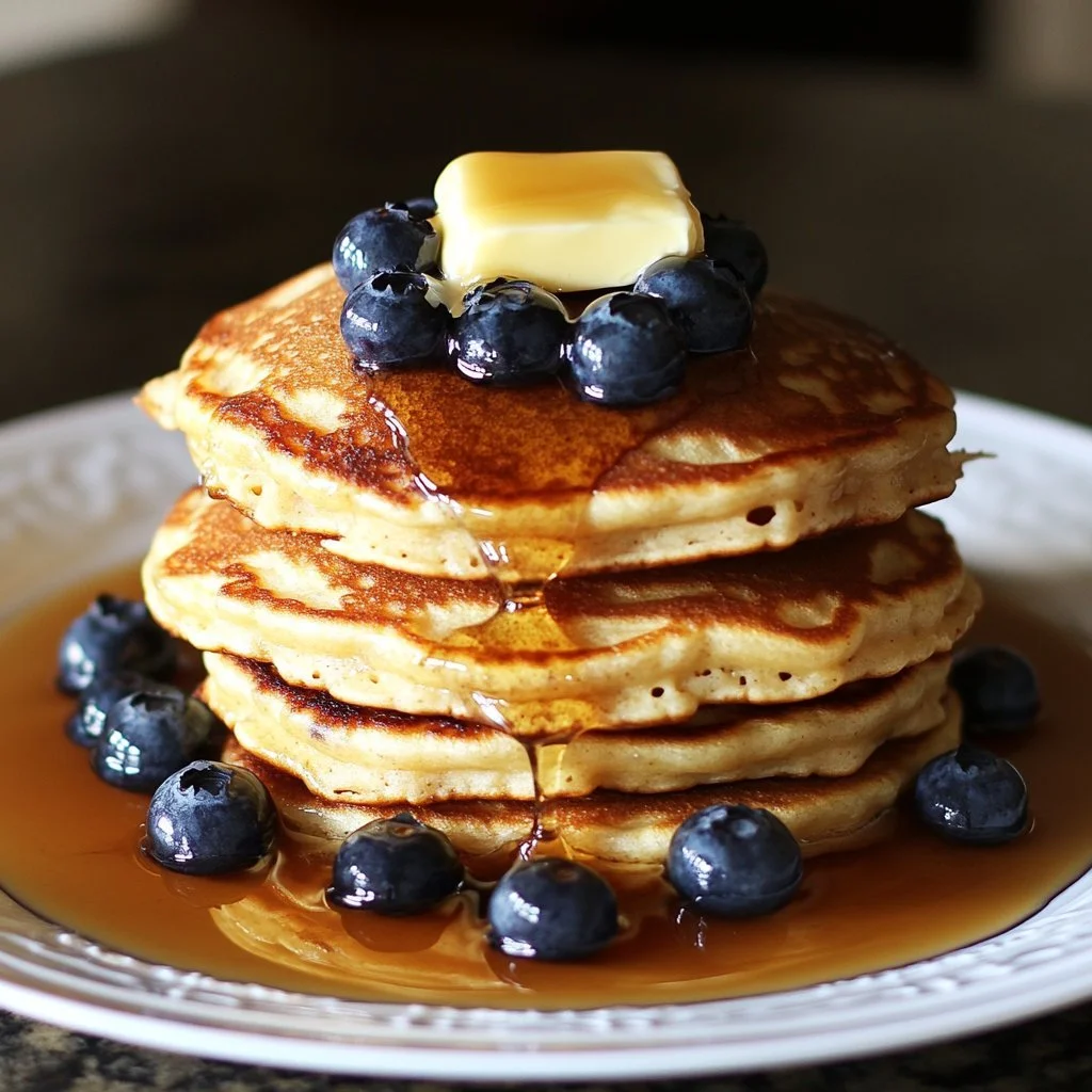 High protein blueberry cottage cheese pancakes stacked on a plate