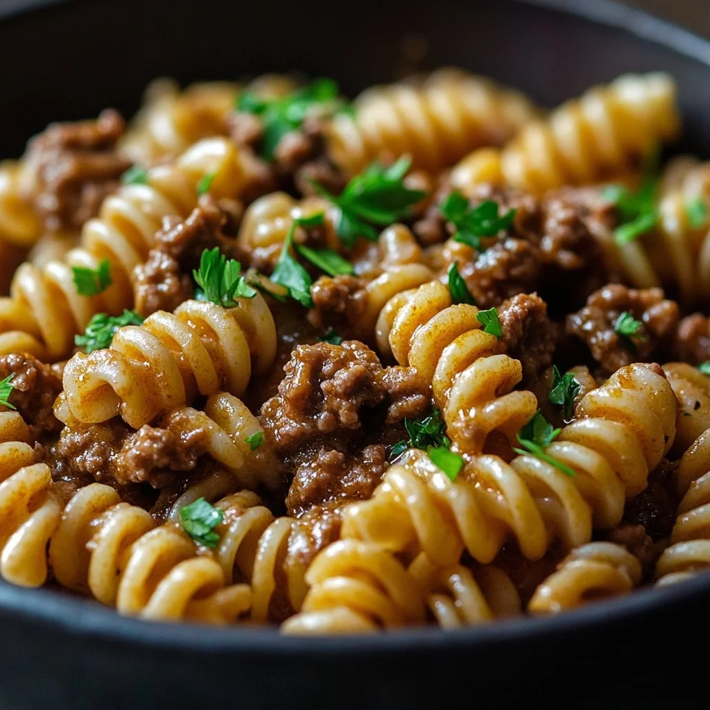 A bowl of creamy beef pasta garnished with herbs, showcasing high protein ingredients.