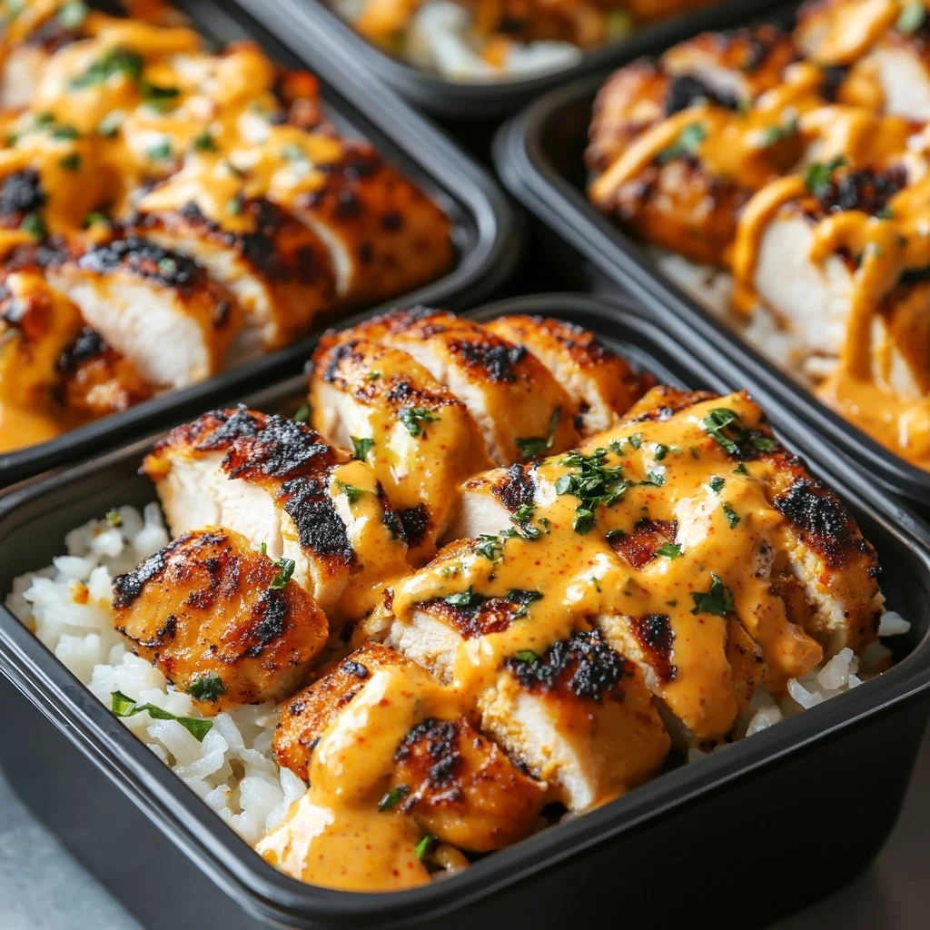 High protein creamy Cajun chicken served with garlic rice on a plate