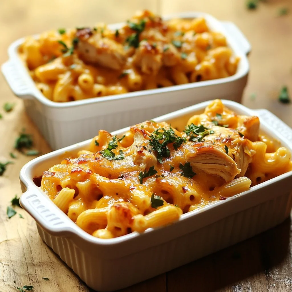 High Protein Honey BBQ Chicken Macaroni and Cheese served in a bowl