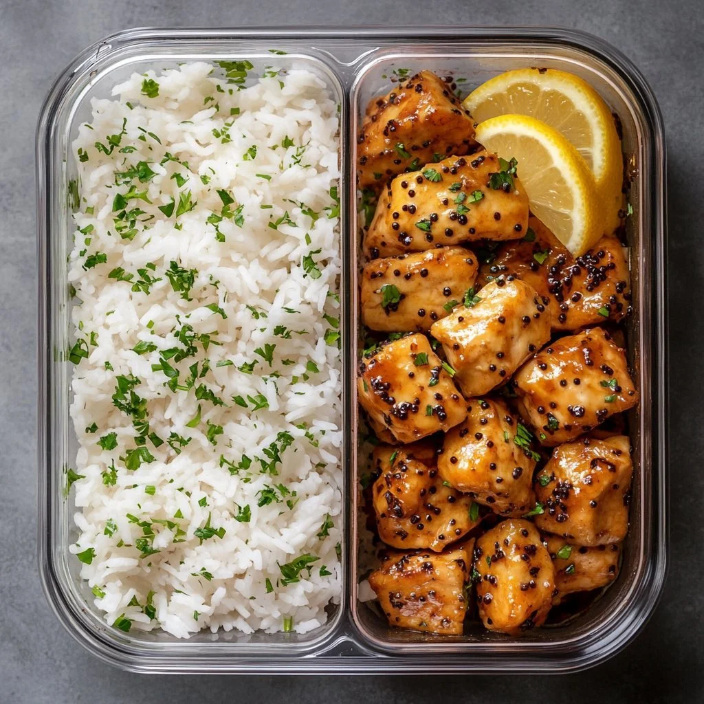 High Protein Sticky Lemon Pepper Chicken cooked with fresh ingredients