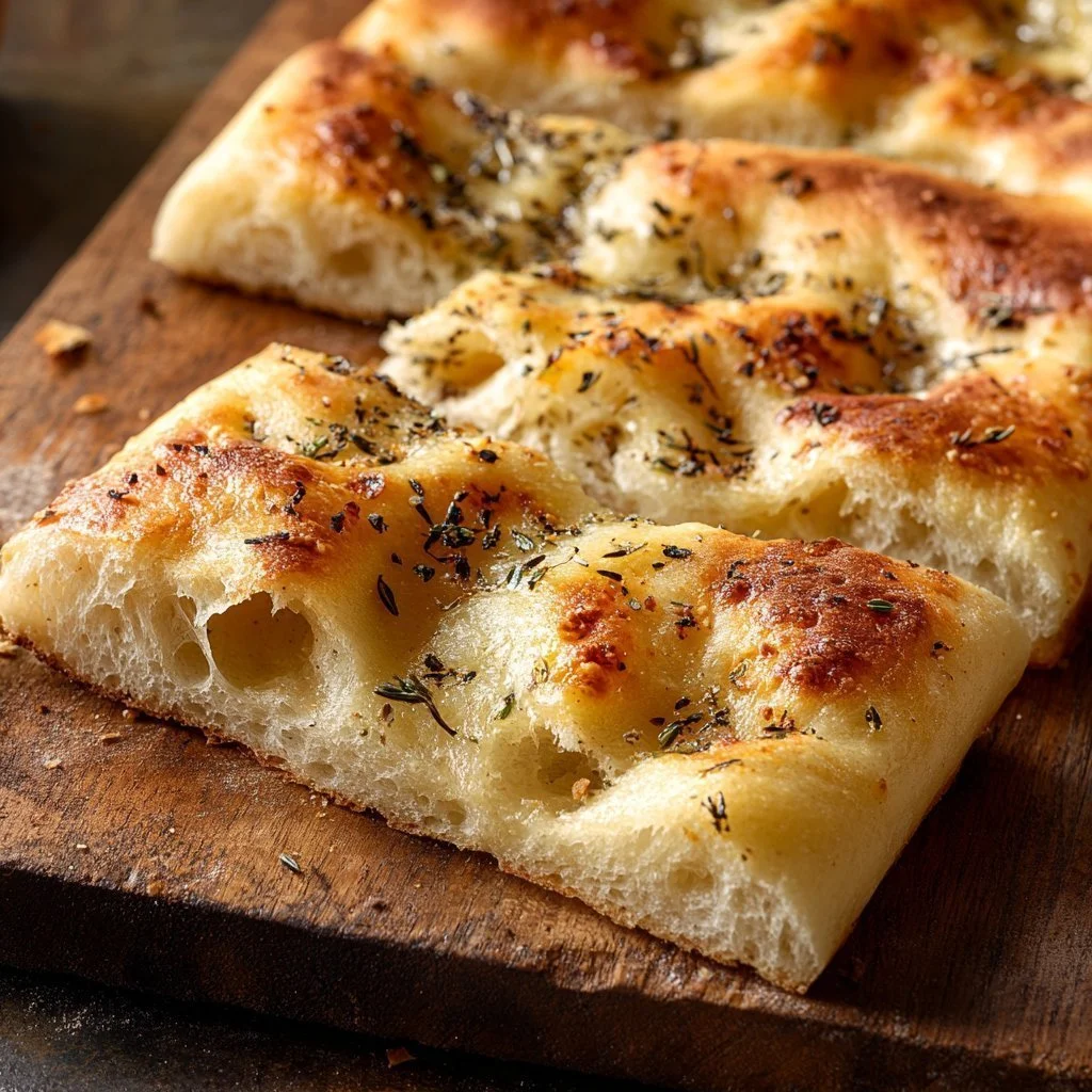 Freshly baked homemade focaccia bread with herbs and olive oil