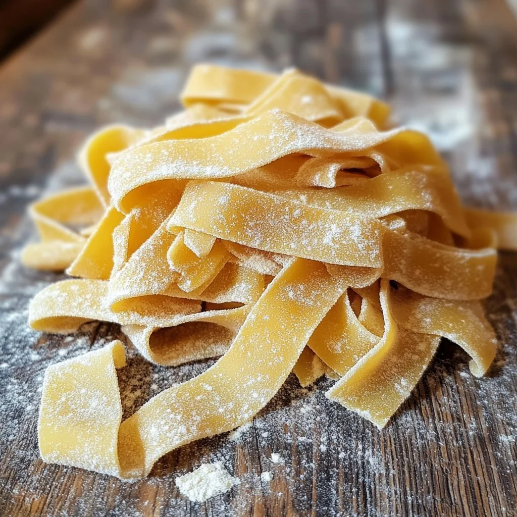 Plate of homemade fresh pasta with sauce and herbs