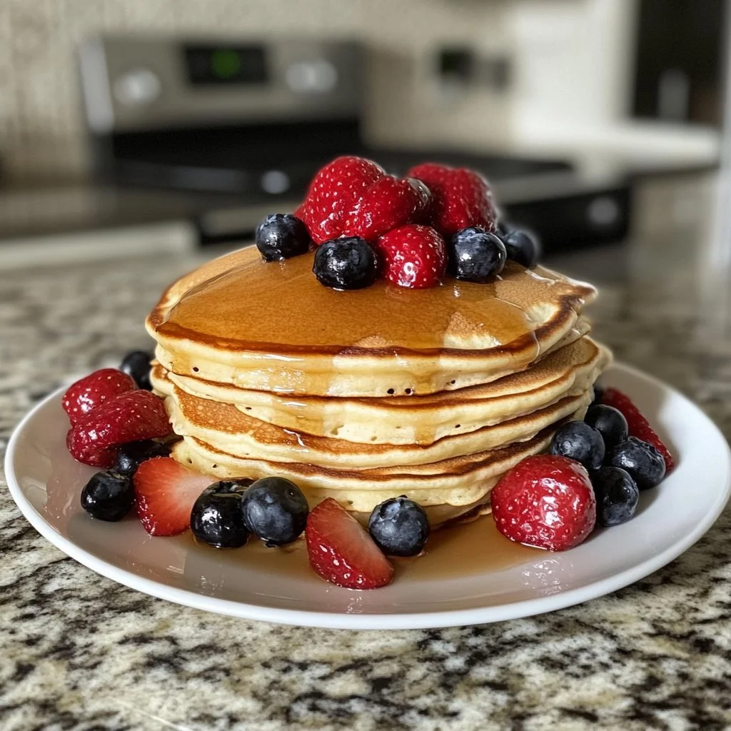 Delicious homemade pancakes stacked high with syrup and berries on top.