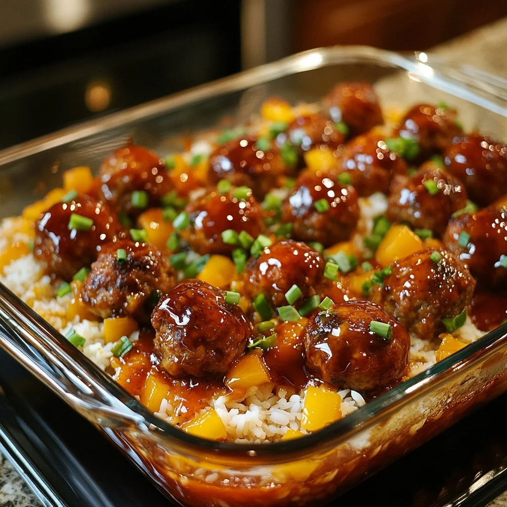 Delicious honey garlic meatball rice bake served in a white bowl