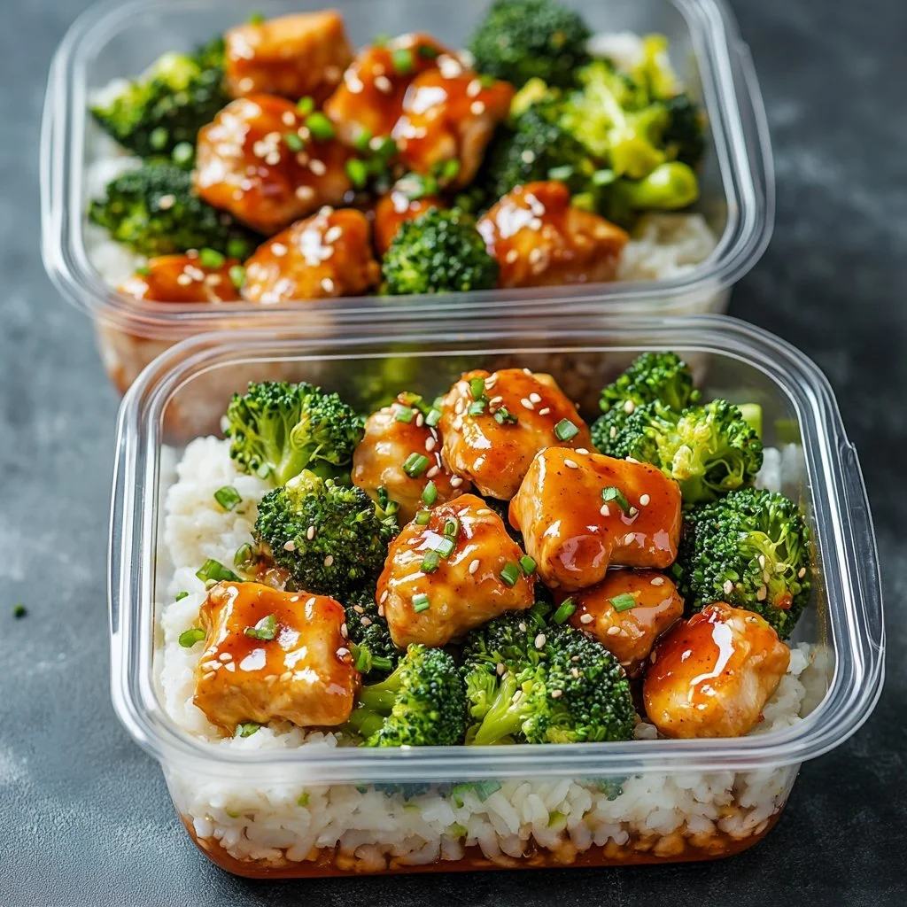 Delicious Honey Sriracha Chicken and Broccoli Bowls garnished with sesame seeds