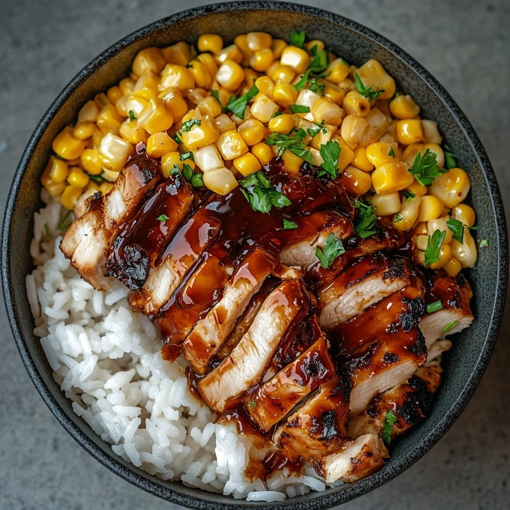 High protein BBQ ranch chicken bowl topped with fresh ingredients