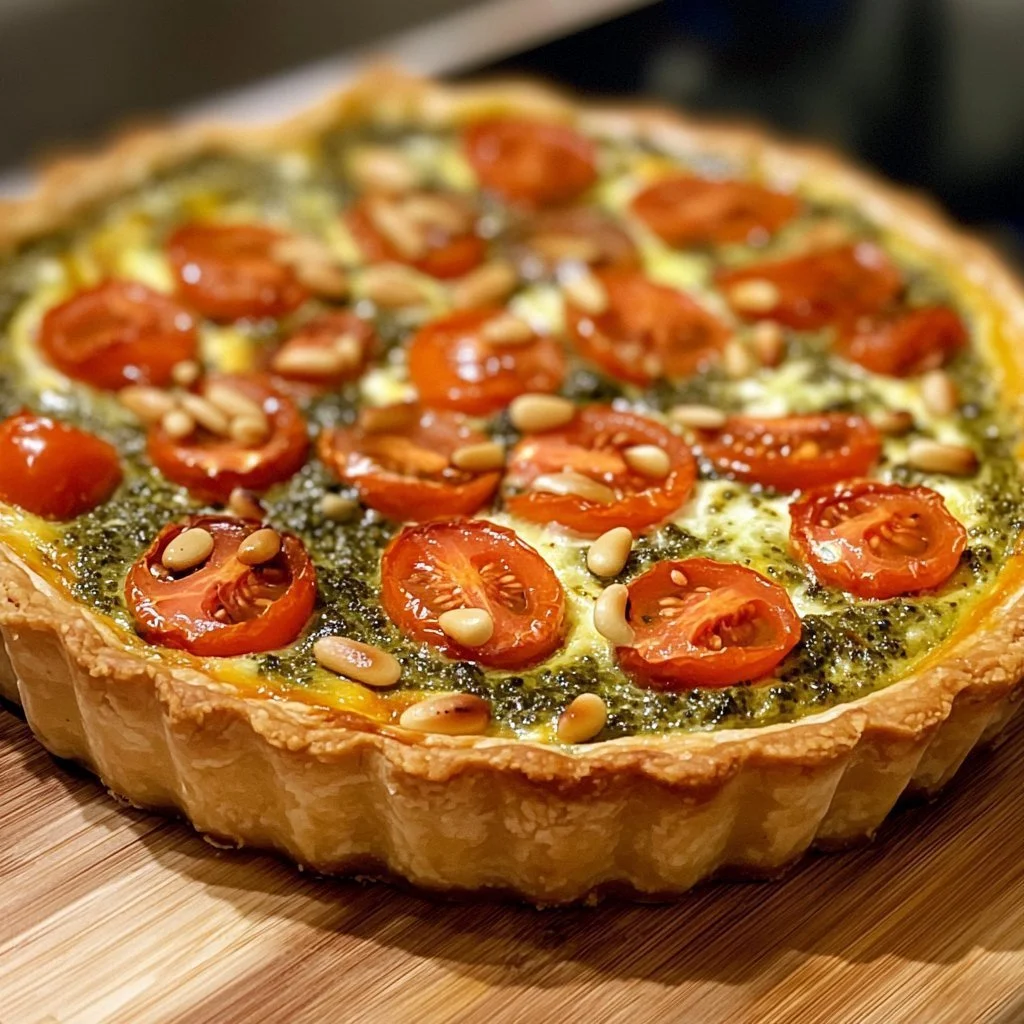 Delicious Italian Quiche with Pesto and Mozzarella served on a plate