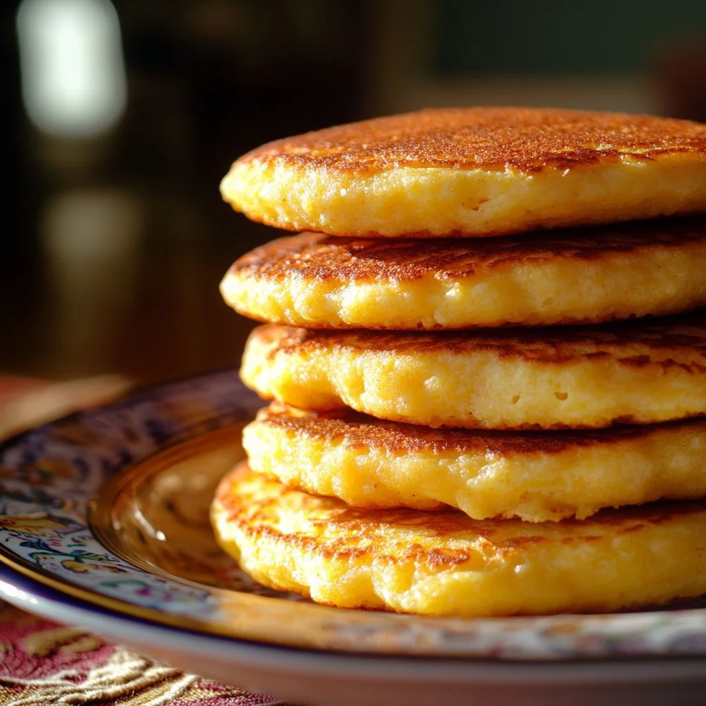 Deliciously fluffy Jiffy cornbread pancakes served with syrup and butter