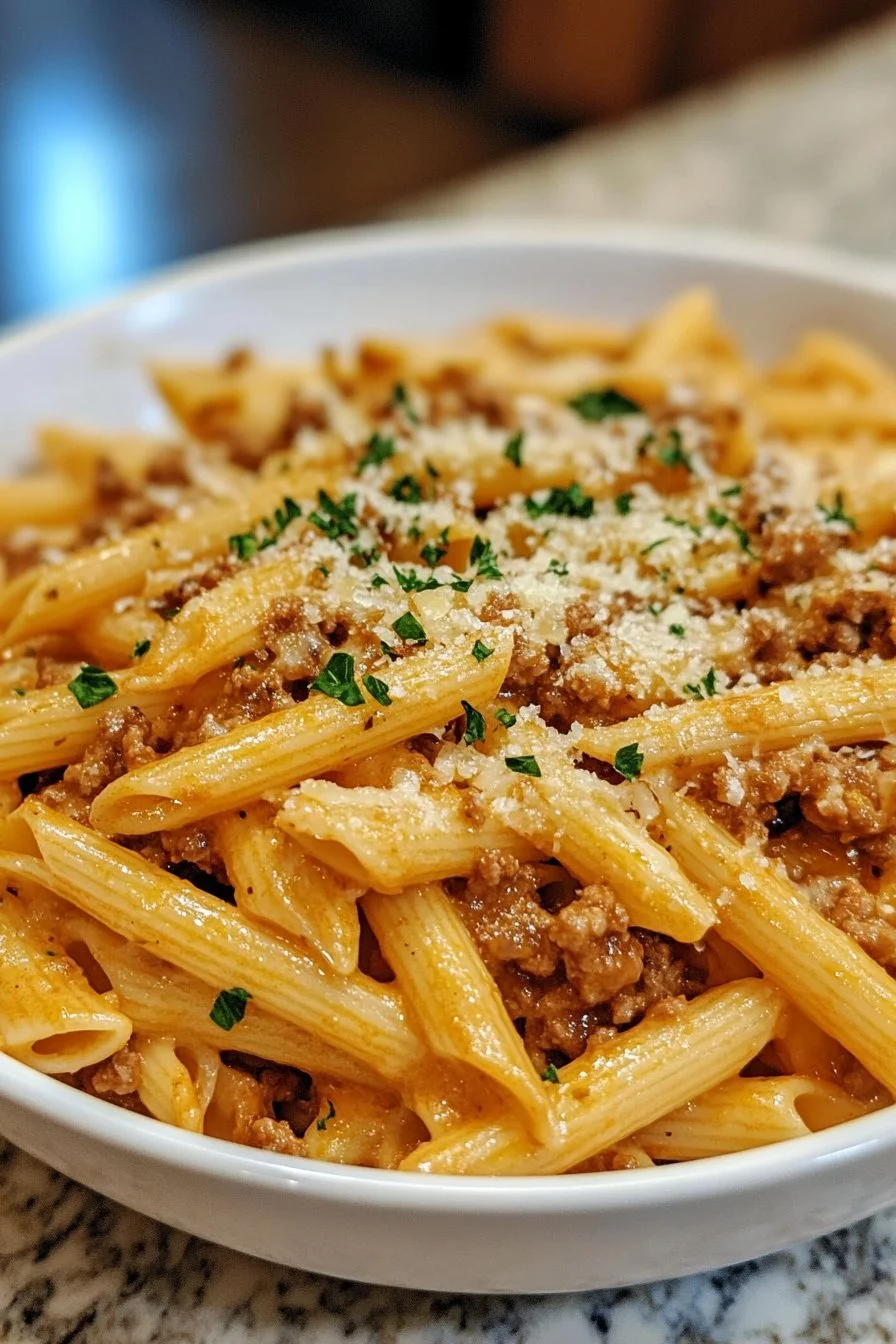 Creamy Cheesy Penne with Garlic Butter Minced Beef