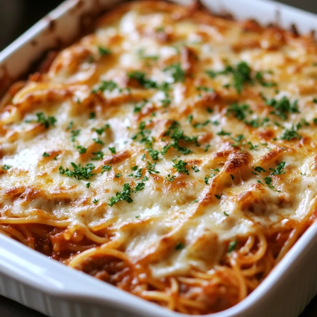 Plate of Million Dollar Spaghetti with cheese and herbs garnished on top