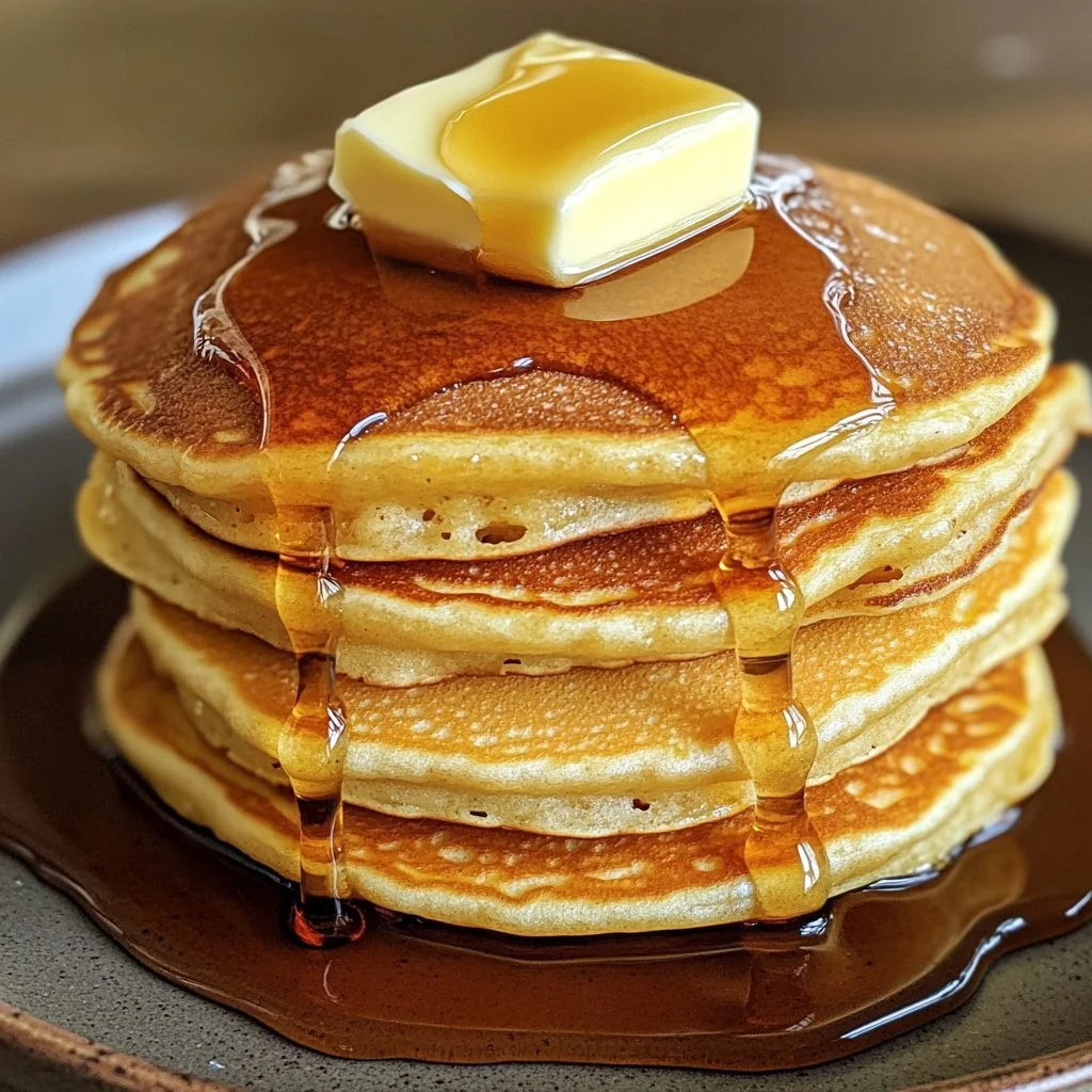 Stack of old-fashioned pancakes served with syrup and butter