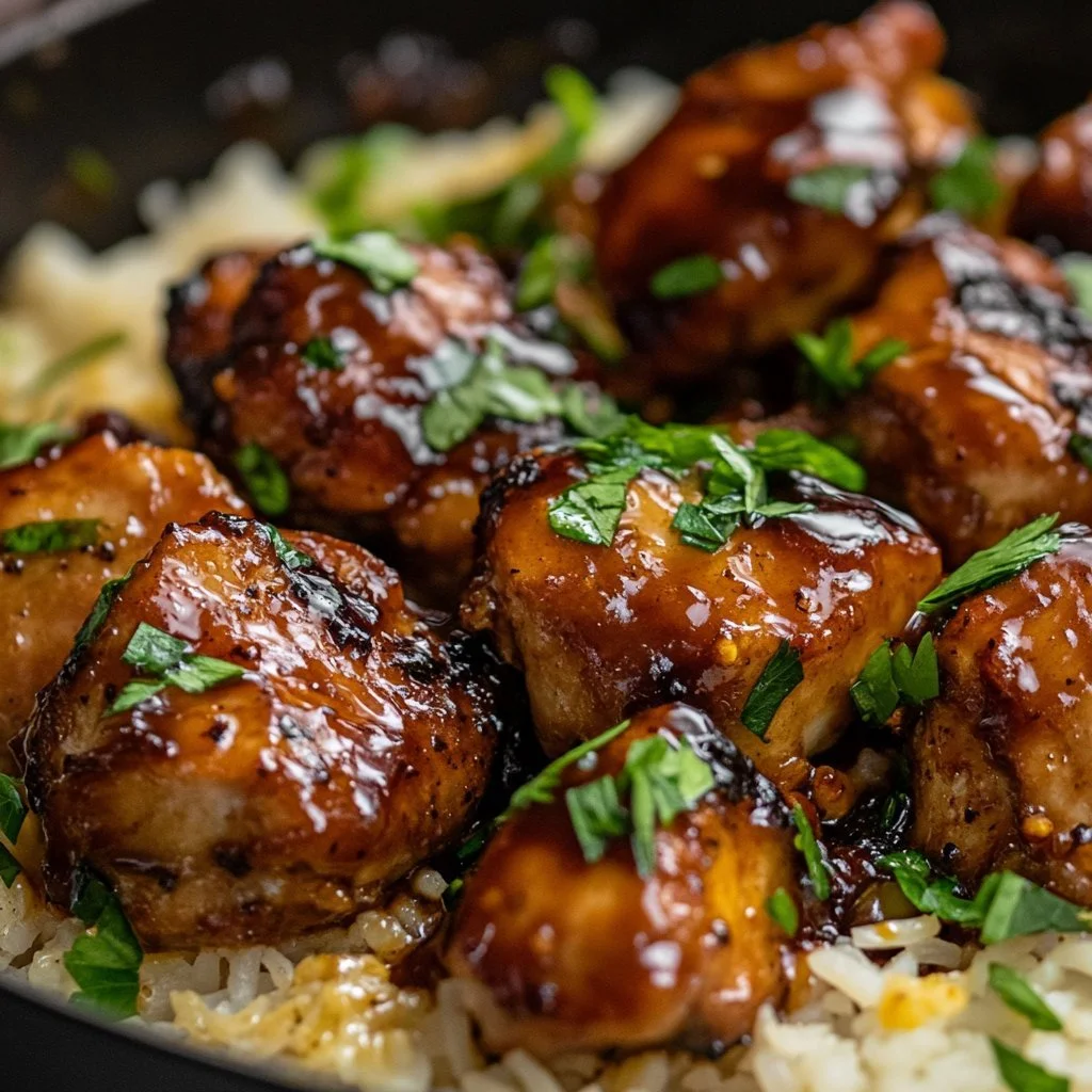 One-Pan Bold Honey BBQ Chicken served over rice with vibrant veggies