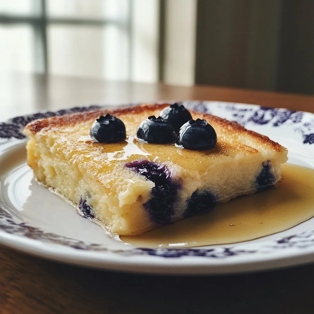 Delicious pancake casserole served with syrup and fruits