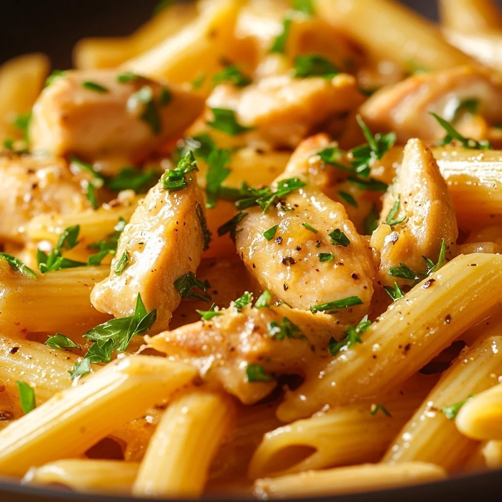 Delicious plate of pasta with chicken garnished with herbs