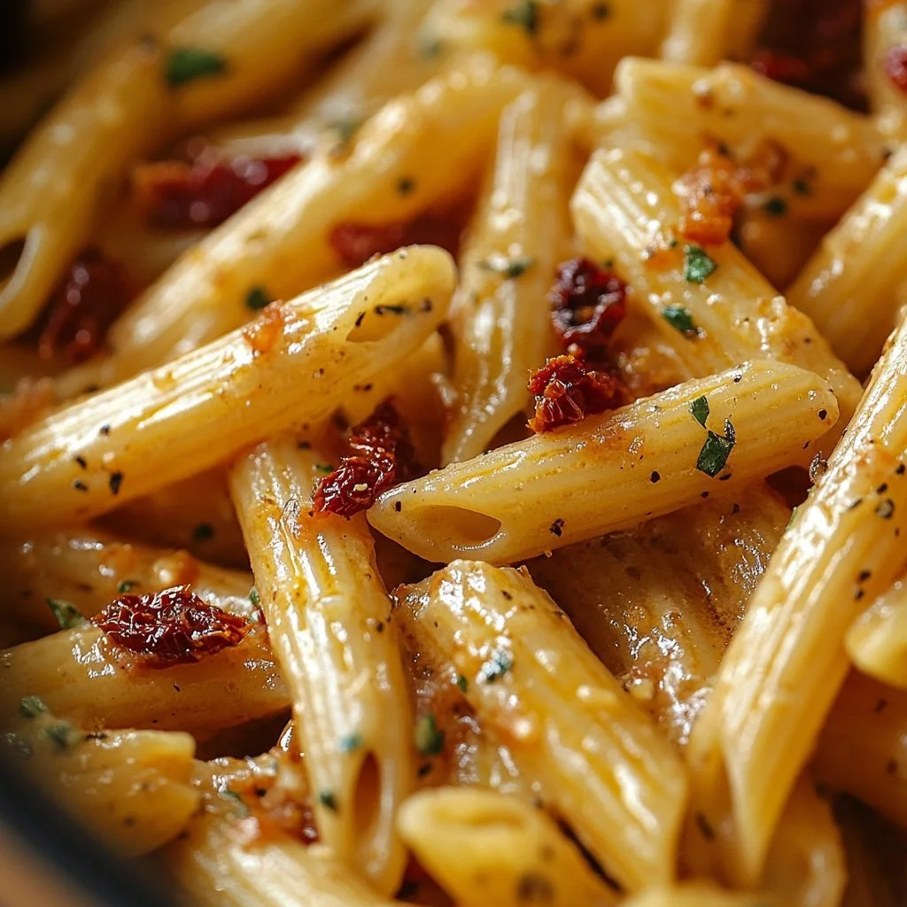 Penne Alfredo with bacon and sun-dried tomatoes served in a bowl