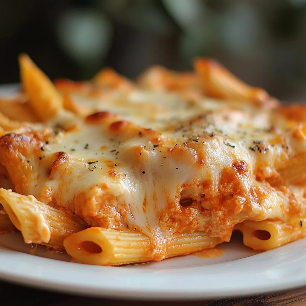 Baked Penne Pasta with cheese and vegetables in a casserole dish