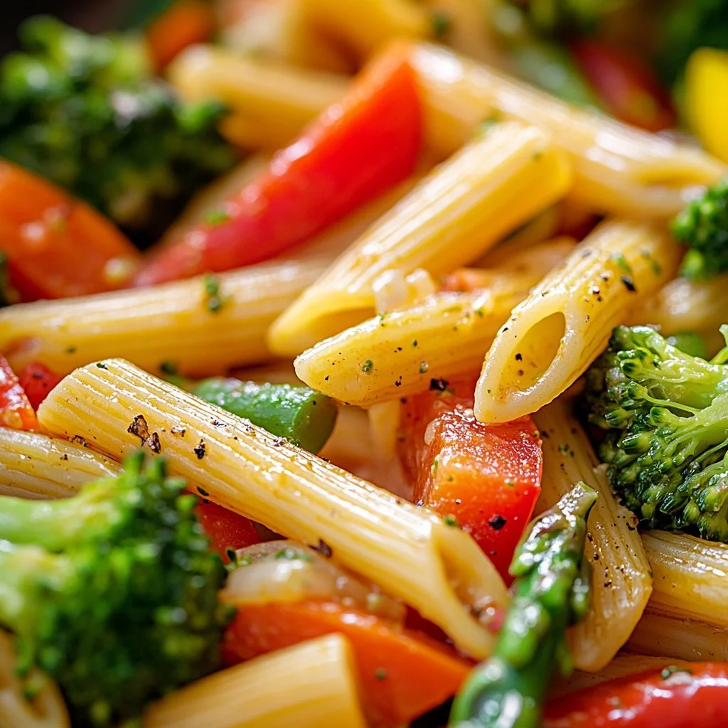 Delicious Penne Pasta Primavera with fresh vegetables and vibrant sauce