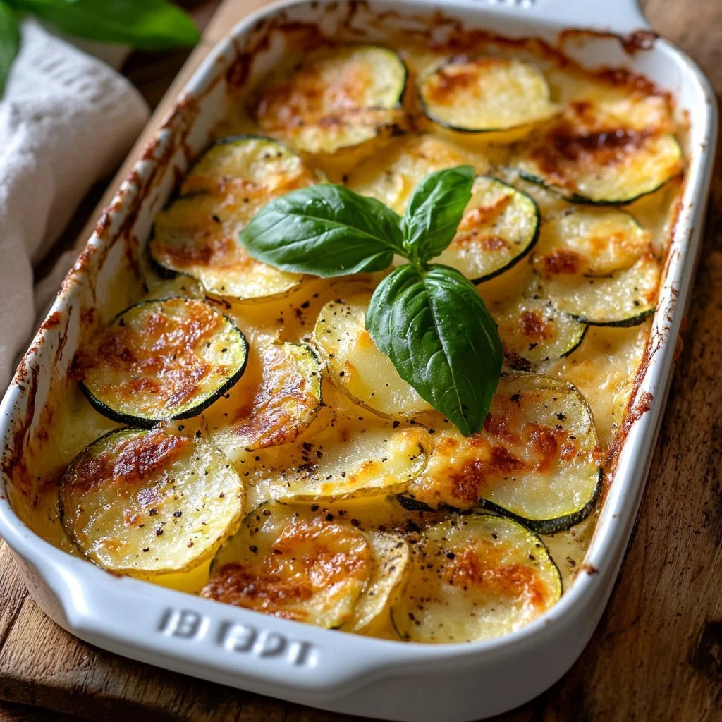 Delicious Potato and Courgette Gratin served in a baking dish