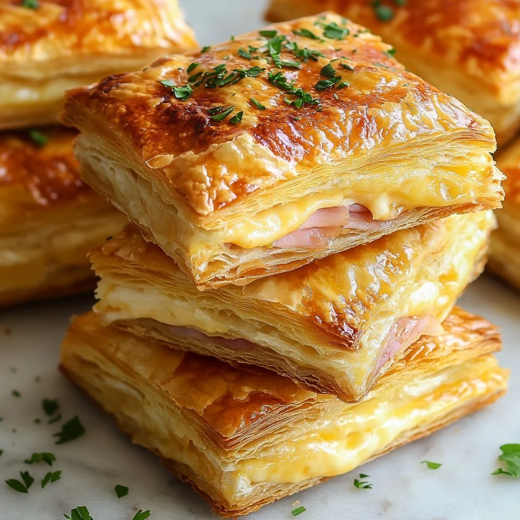 Delicious ham and cheese puff pastry snacks ready to serve