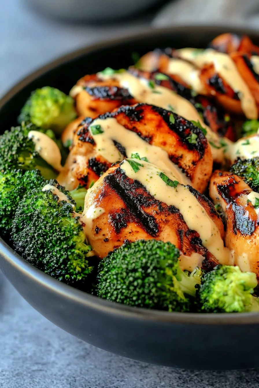 Grilled Chicken and Broccoli Bowls with Creamy Garlic Sauce