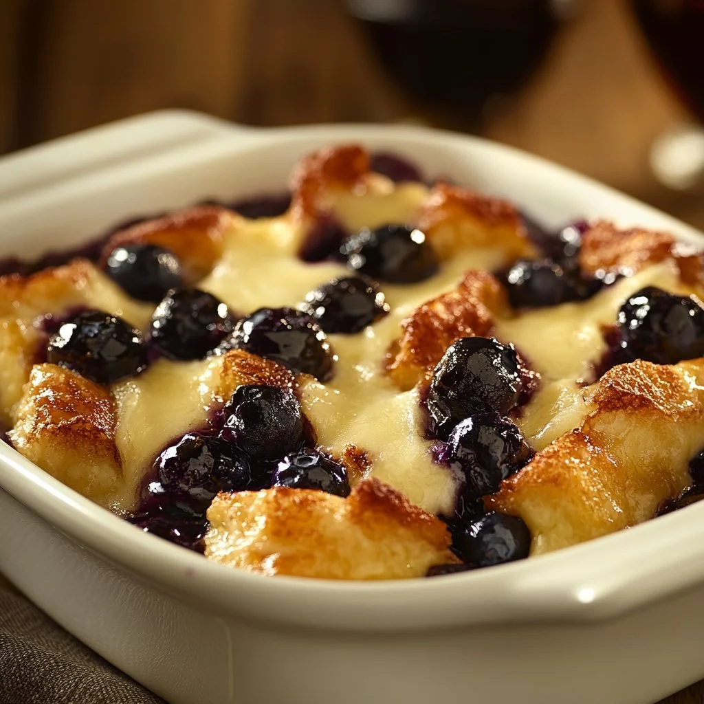 Delicious blueberry French toast bake in a baking dish garnished with blueberries