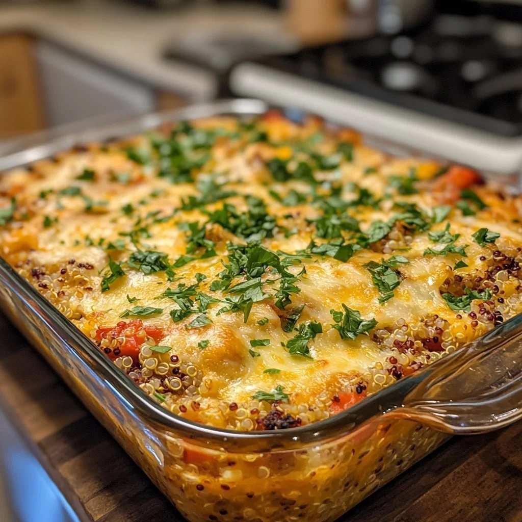 Healthy quinoa casserole with colourful vegetables and melted cheese