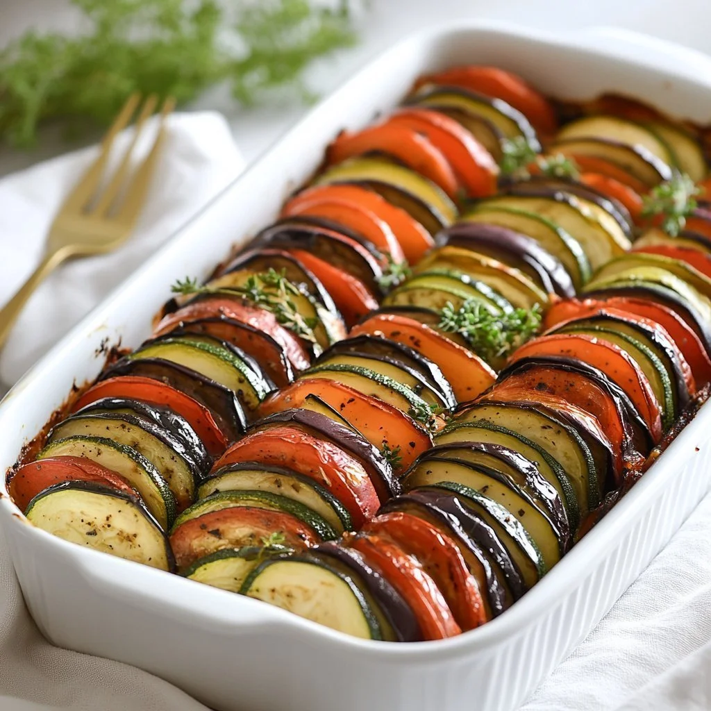 A beautifully plated Ratatouille showcasing vibrant vegetables and flavours.