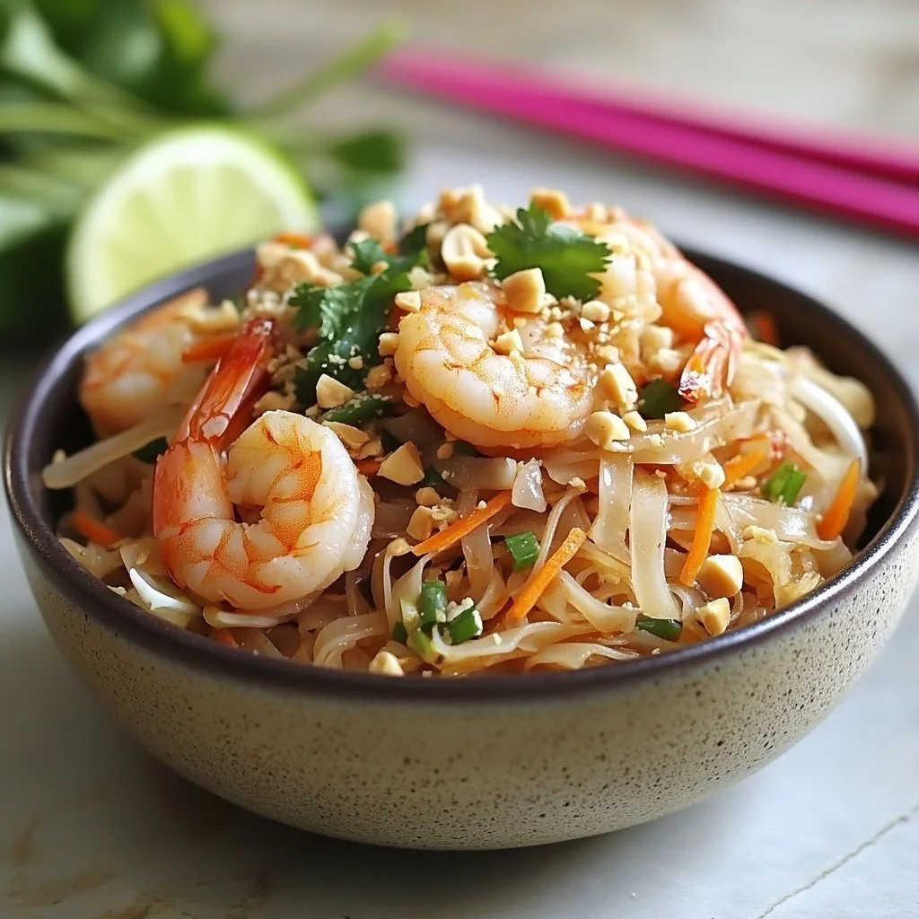 Rice noodles dish with chicken and prawns served in a bowl