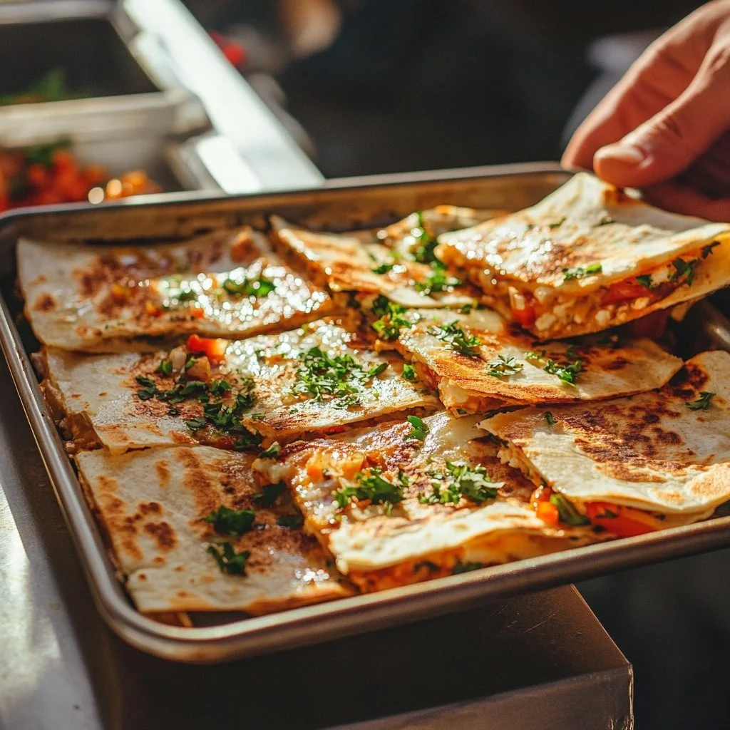 Sheet pan breakfast quesadillas filled with eggs, cheese, and vegetables