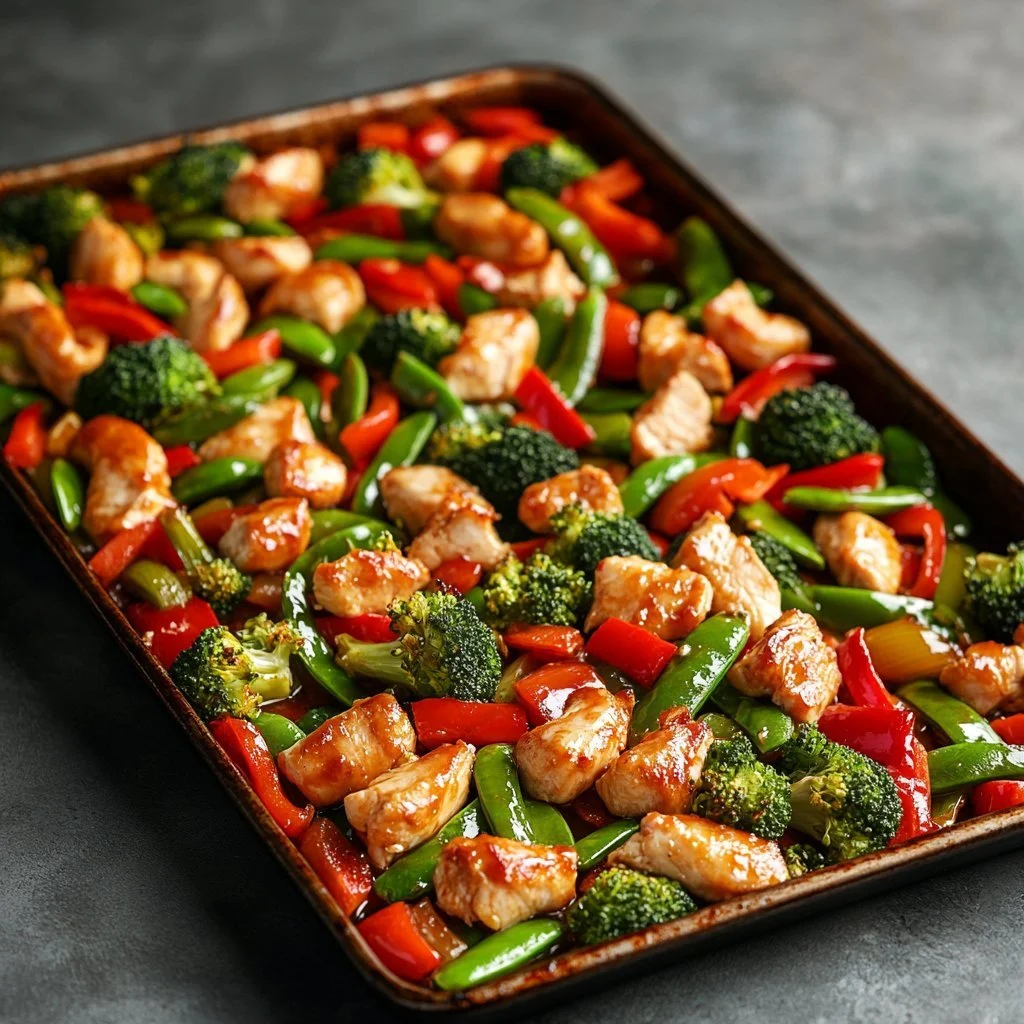 Sheet pan sesame chicken cooked with vibrant vegetables for a healthy meal