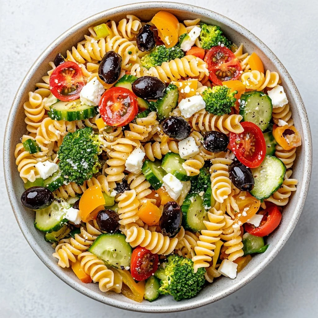 Bowl of simple high-protein pasta salad with fresh vegetables
