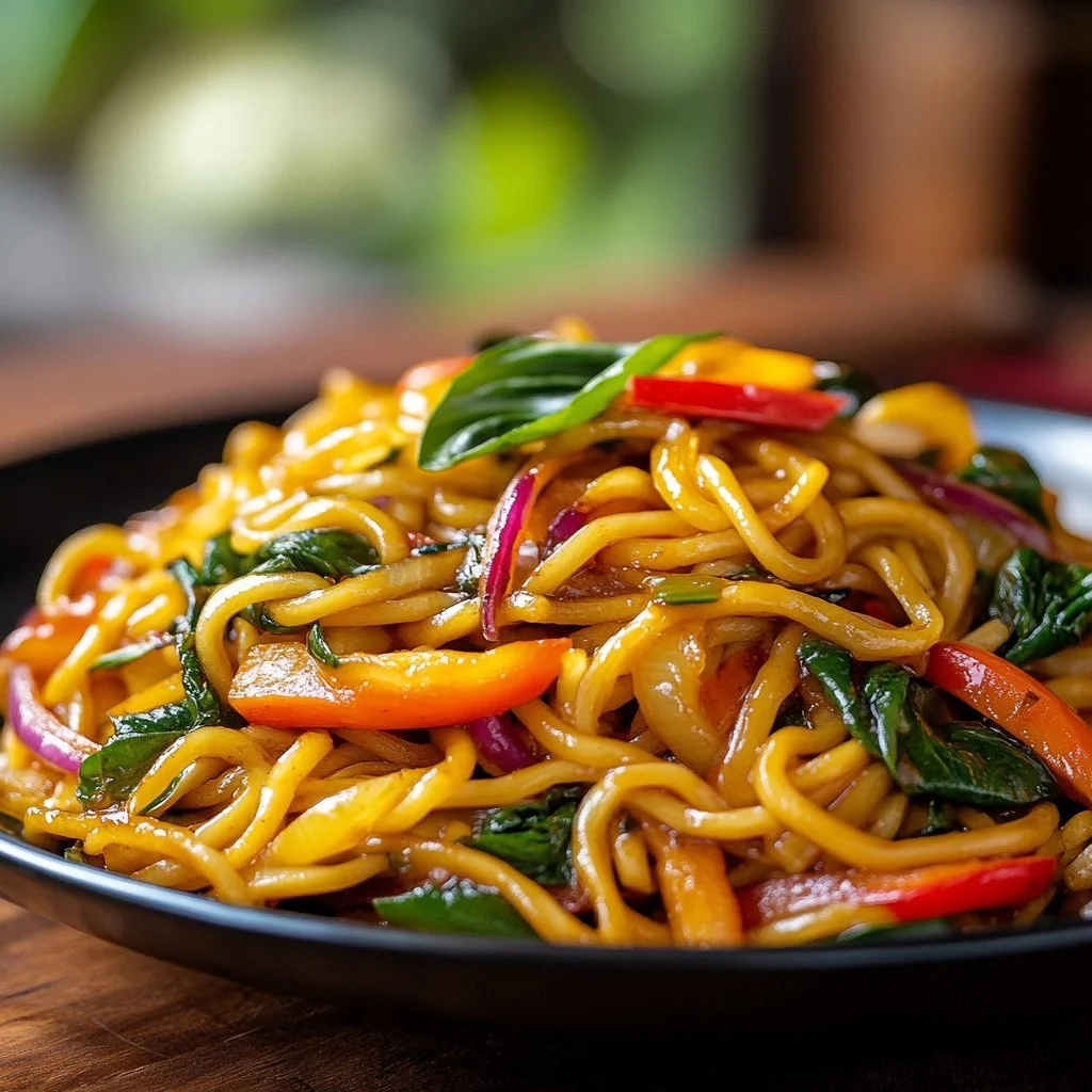 Plate of delicious simple stir-fried noodles with vegetables and sauce