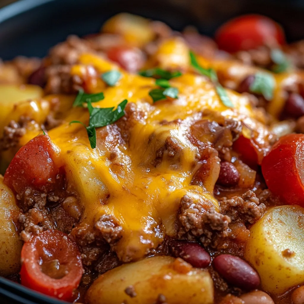 Delicious slow cooker cowboy casserole ready to serve with cheese and toppings.