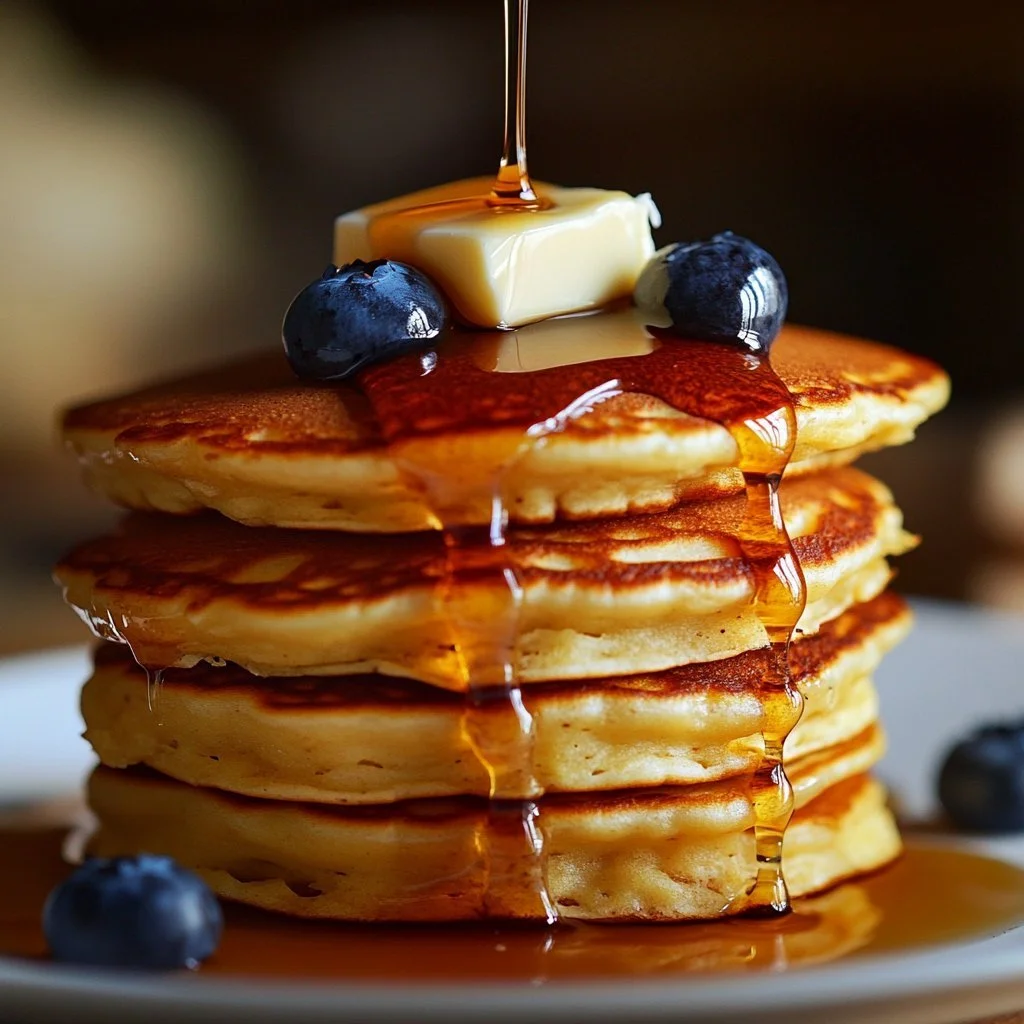 Fluffy sourdough pancakes made with sourdough discard, served with syrup and fruit.