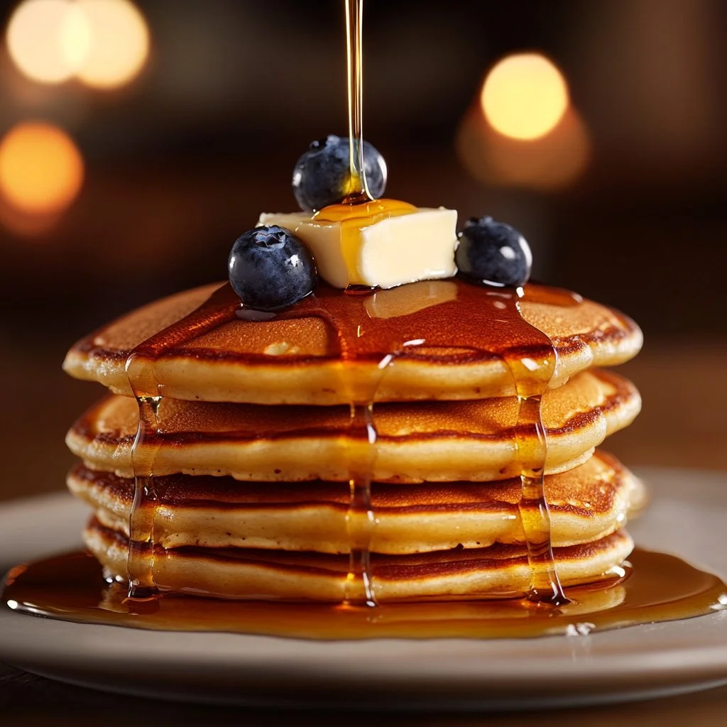 Fluffy sourdough pancakes served with syrup and berries