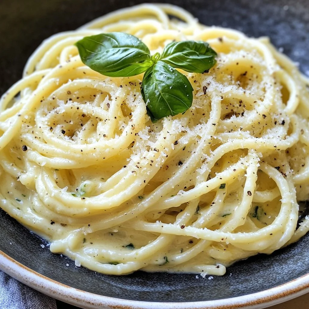 Plate of spaghetti with creamy courgette sauce, garnished with herbs.