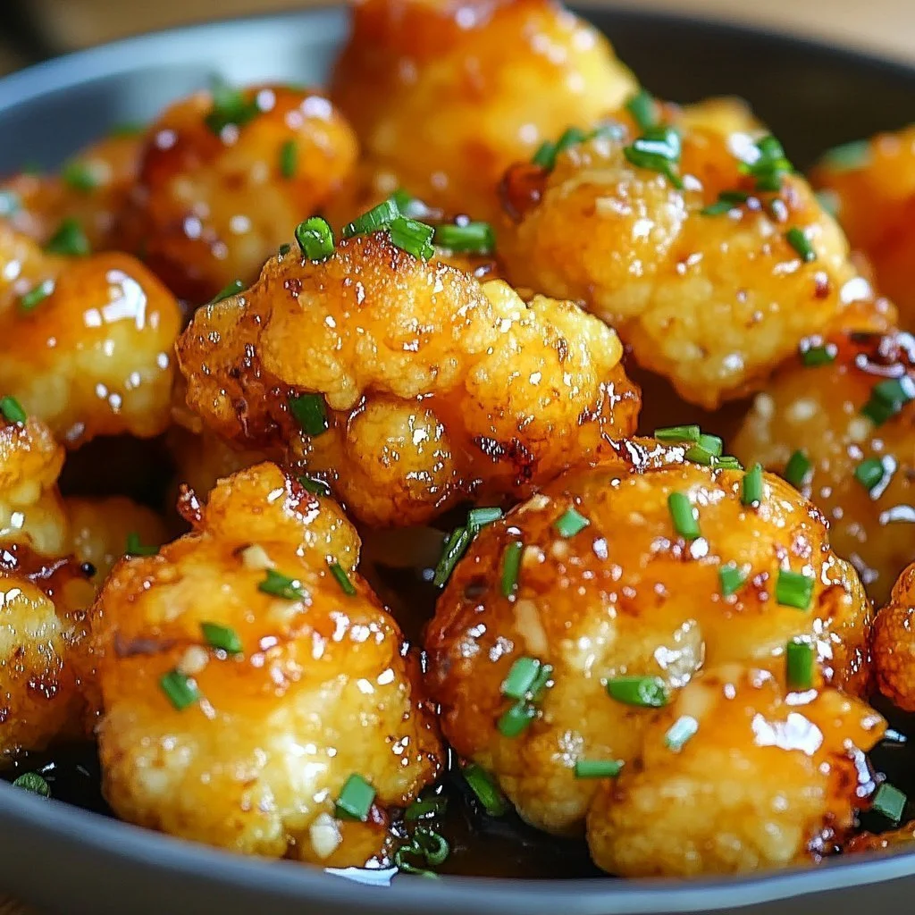 Spicy cauliflower dish with garlic and honey glaze served in a bowl